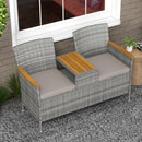 Outsunny Rattan Garden Bench w/ Wood Top Table, Wicker Chair w/ Cushions, Grey