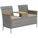 Outsunny Rattan Garden Bench w/ Wood Top Table, Wicker Chair w/ Cushions, Grey