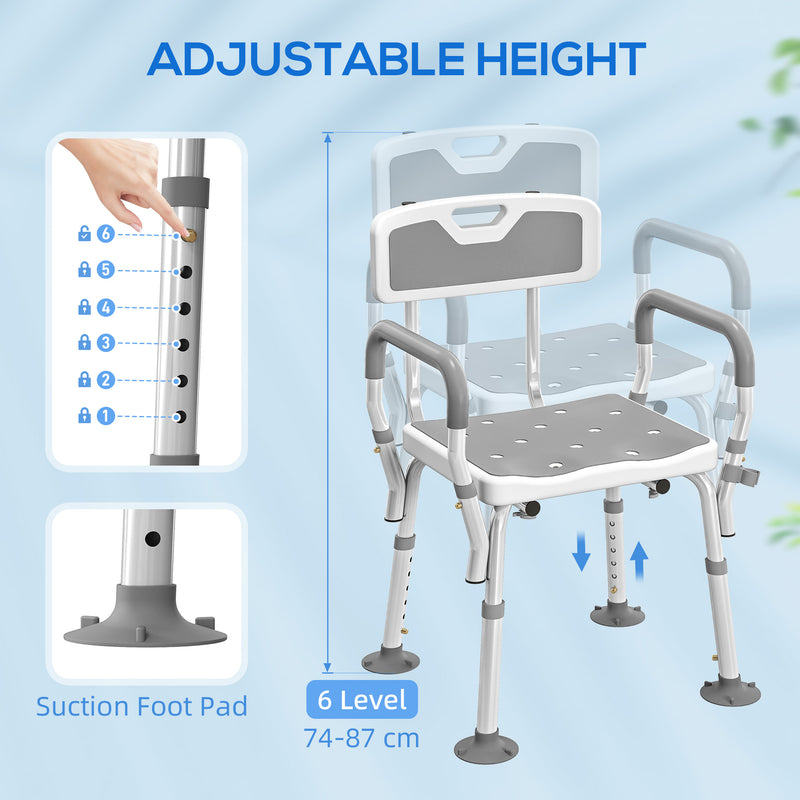 HOMCOM Padded Shower Stool with Arms and Back, 4 Suction Foot Pads, Grey