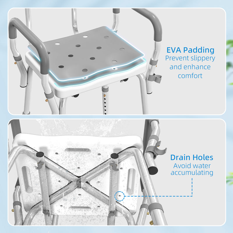 HOMCOM Padded Shower Stool with Arms and Back, 4 Suction Foot Pads, Grey