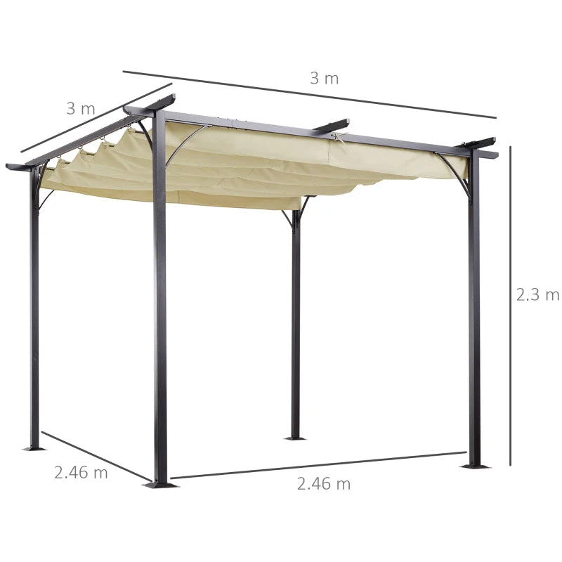 Outsunny Outdoor Metal Pergola with Retractable Awning Canopy 3x3m - Beige