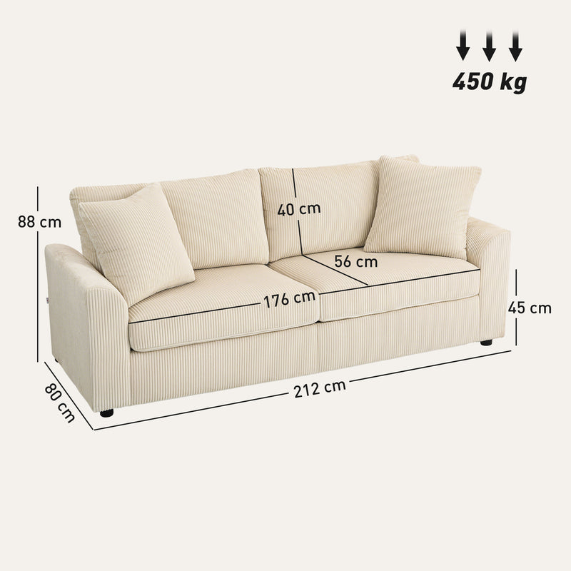 HOMCOM 212 Cm Upholstered Jumbo Cord Sofa Couch With Spring Cushion