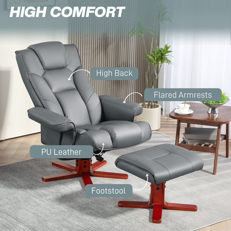Recliner Chair With Footstool And Adjustable Backrest PU Armchair - Black, Brown, Grey
