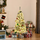 HOMCOM 4FT Prelit Artificial Snow Flocked Christmas Tree with Warm White LED Light- Green White
