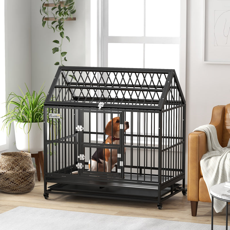 PawHut 48 Inch Heavy Duty Dog Crate On Wheels W/ Removable Tray, Openable Top