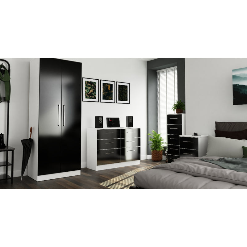 Wellington Ready Assembled Bedside Table with 2 Drawers  - Black Gloss & White