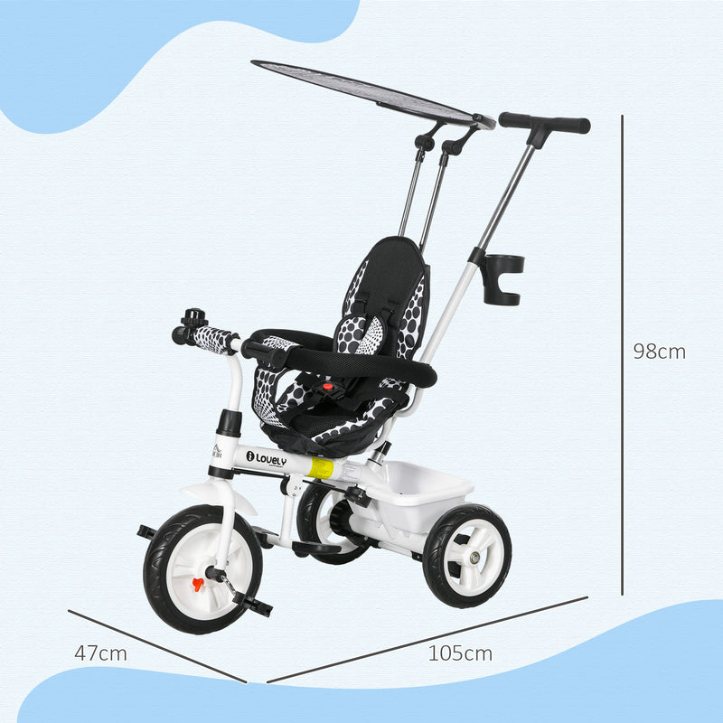 HOMCOM 6 in 1 White Kids Tricycle w/ Removable Handle for 1.5+ year