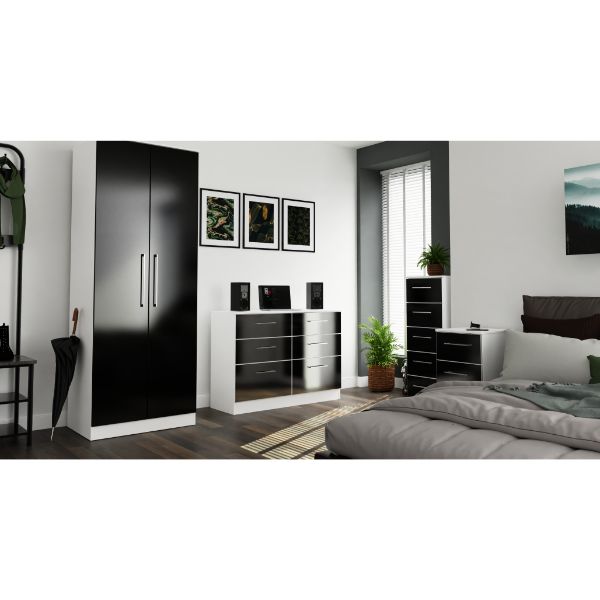 Wellington Ready Assembled Chest of Drawers with 5 Drawers  - Black Gloss & White