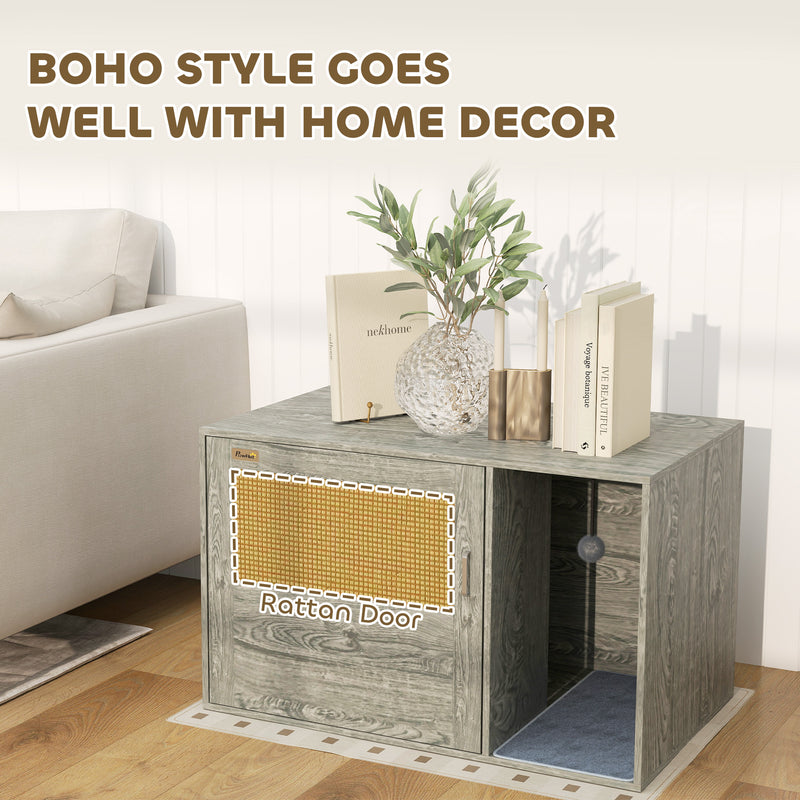 PawHut Boho Style Cat Litter Box Enclosure with Rattan Door, Scratching Mat