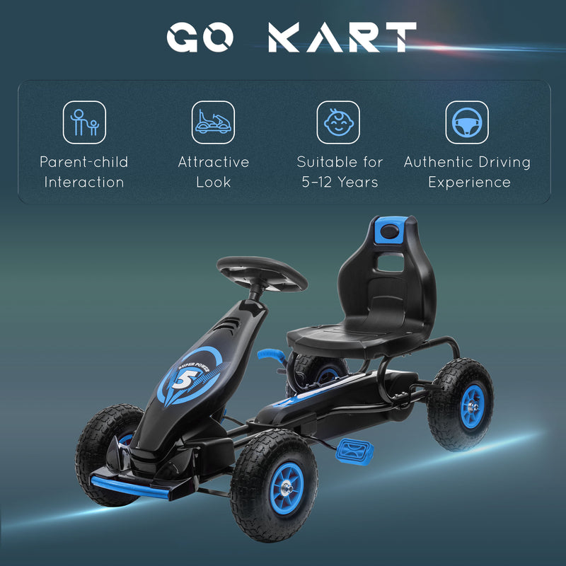 HOMCOM Children Pedal Go Kart w/ Adjustable Seat, Rubber Wheels, Brake, Blue