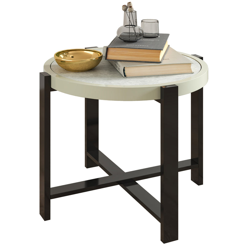 Outsunny Round Small Garden Table with Faux Marble Glass Top, Light Grey