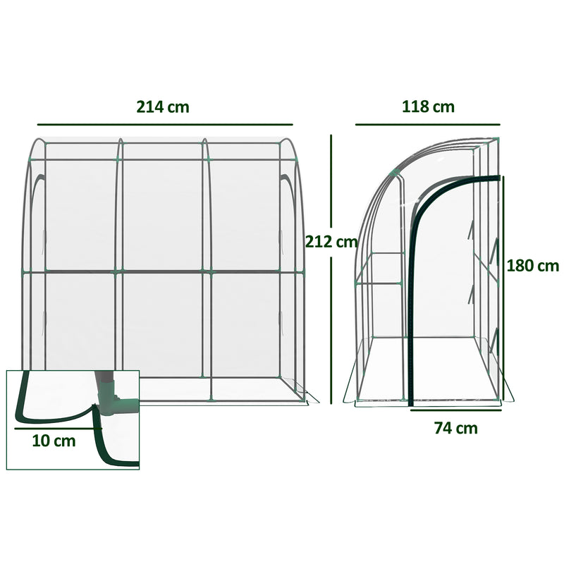 Outsunny 143x118x212cm Walk-In Lean to Wall Tunnel Plastic Greenhouse with Doors