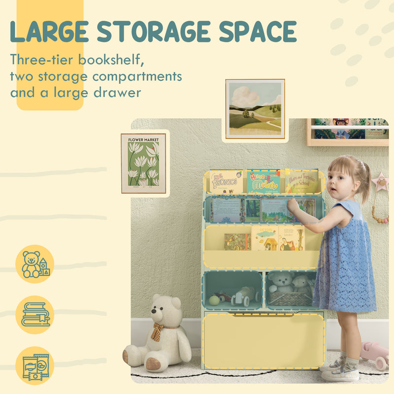 HOMCOM Kids Bookcase, Toy Box w/ Storage Drawer, Wheels for Bedroom - Green
