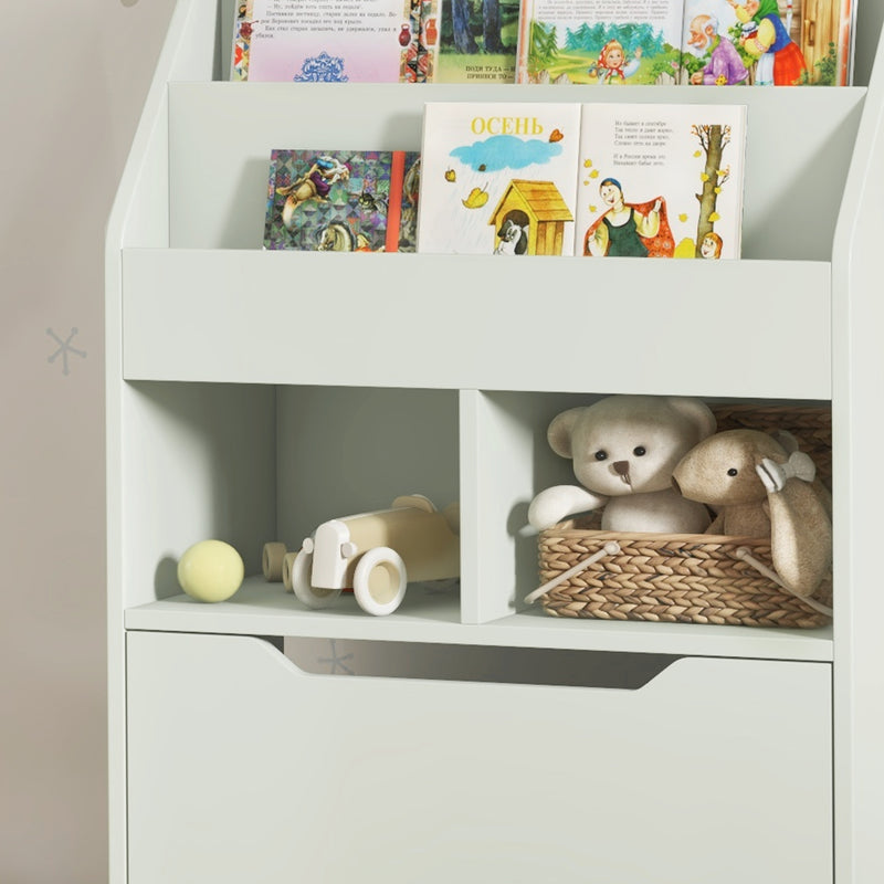 HOMCOM Kids Bookcase, Toy Box w/ Storage Drawer, Wheels for Bedroom - Green