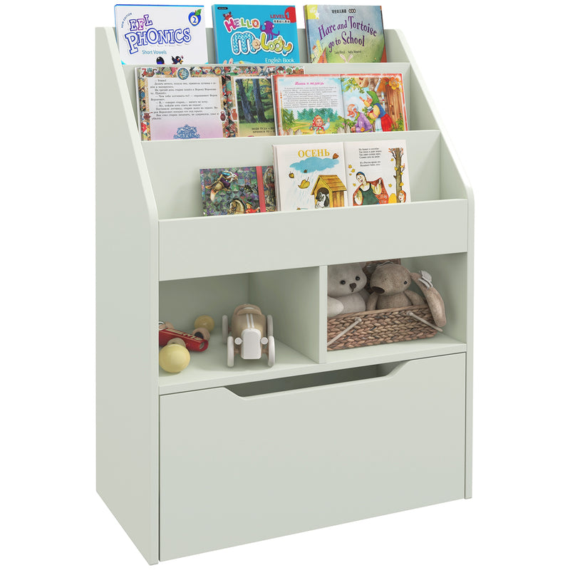 HOMCOM Kids Bookcase, Toy Box w/ Storage Drawer, Wheels for Bedroom - Green
