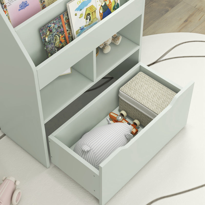 HOMCOM Kids Bookcase, Toy Box w/ Storage Drawer, Wheels for Bedroom - Green