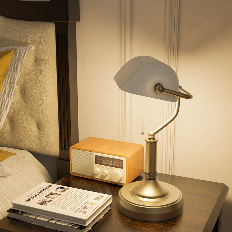 HOMCOM Banker's Table Lamp W/ Antique Bronze Tone Base, White/Blue