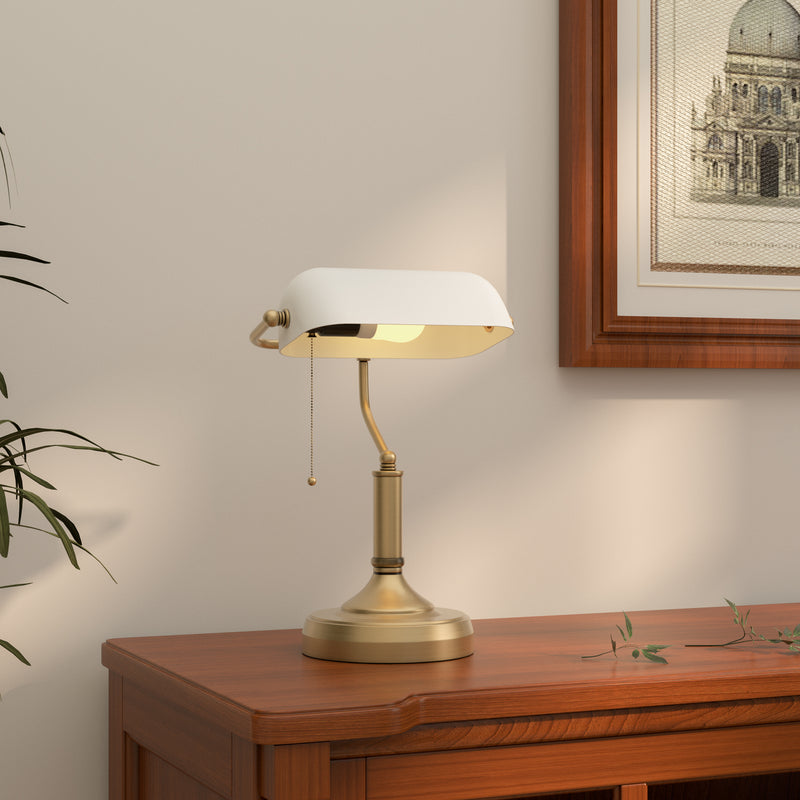 HOMCOM Banker's Table Lamp W/ Antique Bronze Tone Base, White/Blue