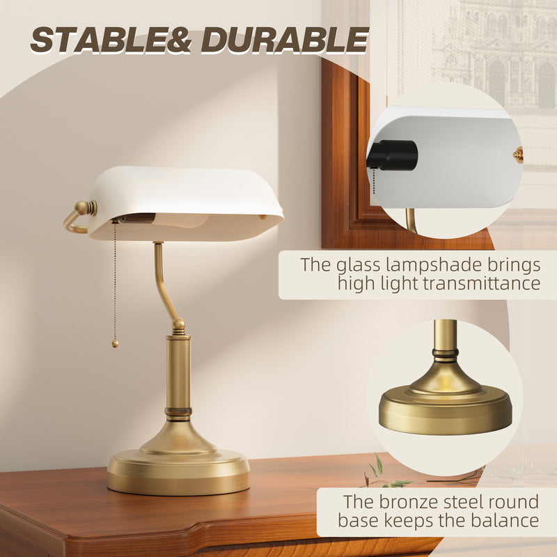 HOMCOM Banker's Table Lamp W/ Antique Bronze Tone Base, White/Blue
