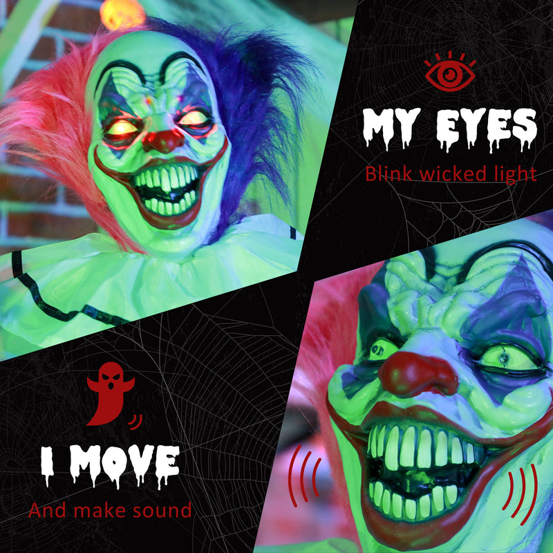 HOMCOM Halloween Clown Animatronic Prop with Light Up Eyes, for Indoor Outdoor