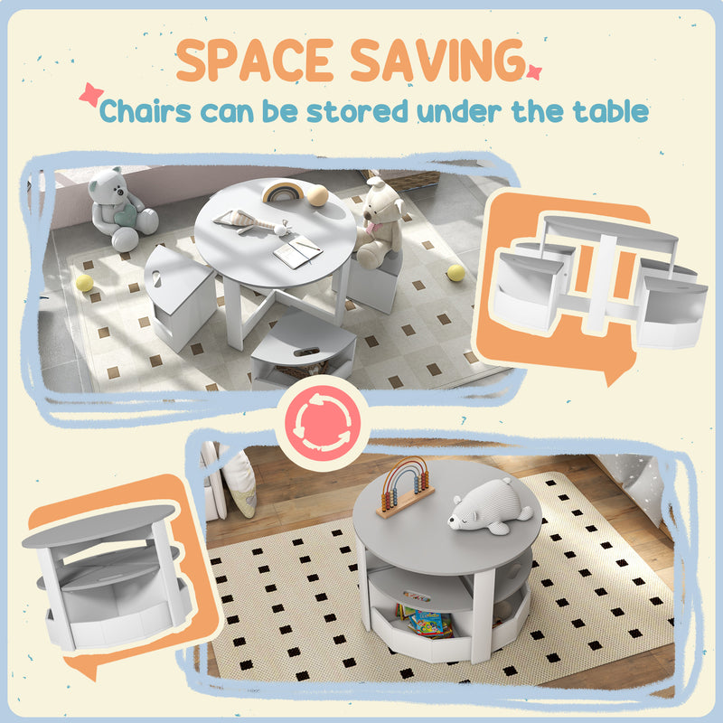 AIYAPLAY 5-Piece Kids Table and Chairs Set w/ Storage for 3-8 Years Old-Grey