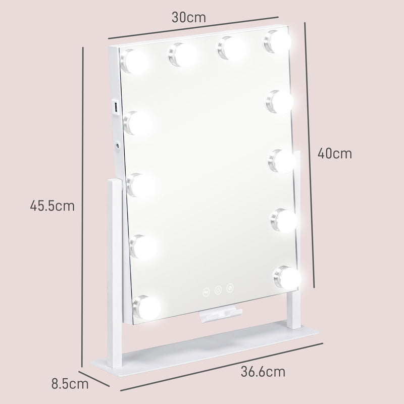 HOMCOM Hollywood Lighted Makeup Mirror with Magnifier, USB Port, Phone Holder