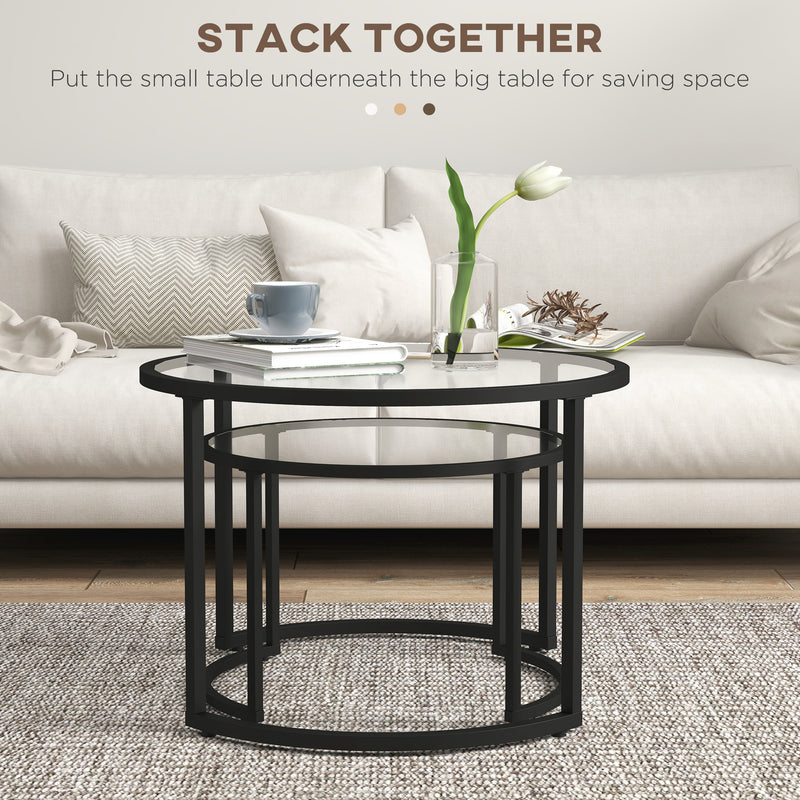 HOMCOM Glass Coffee Table Set of 2, Round Nest of Tables for Living Room