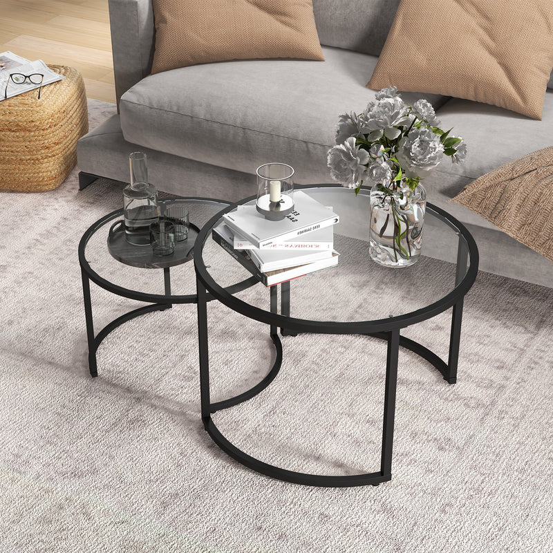 HOMCOM Glass Coffee Table Set of 2, Round Nest of Tables for Living Room