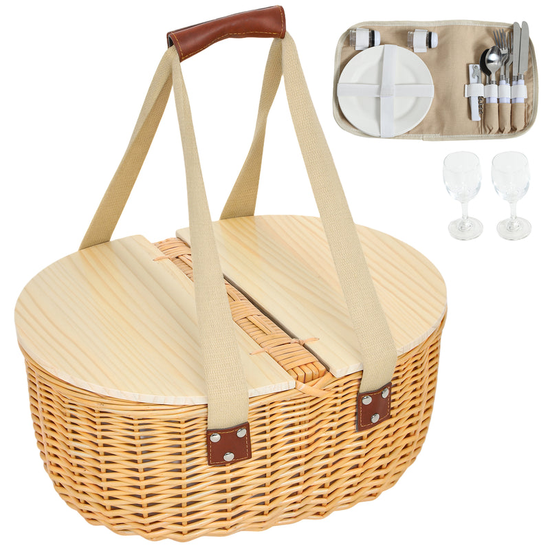 Outsunny Wicker Picnic Basket for 2 with Pine Wood Lid, Light Brown