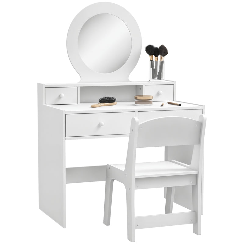 AIYAPLAY Kids Dressing Table Set W/ Stool, Mirror, Drawers - White