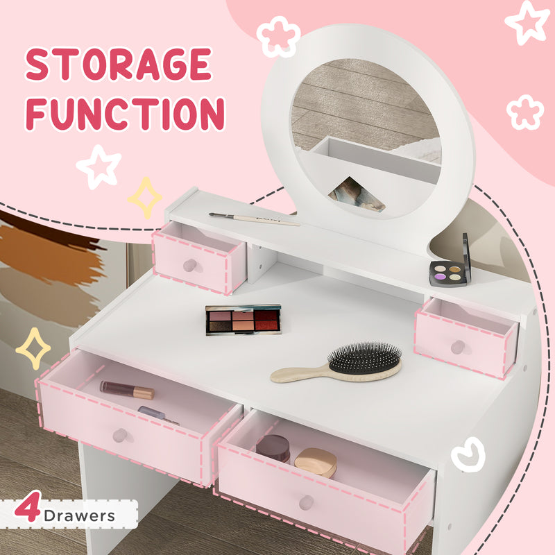 AIYAPLAY Kids Dressing Table Set W/ Stool, Mirror, Drawers - White