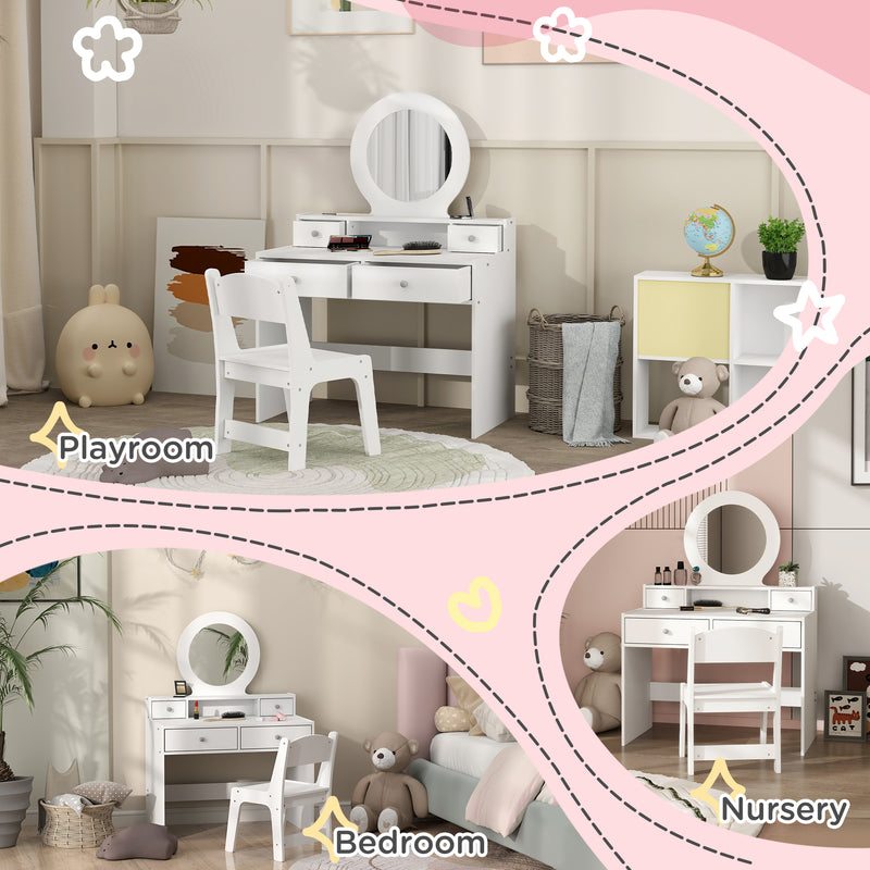 AIYAPLAY Kids Dressing Table Set W/ Stool, Mirror, Drawers - White
