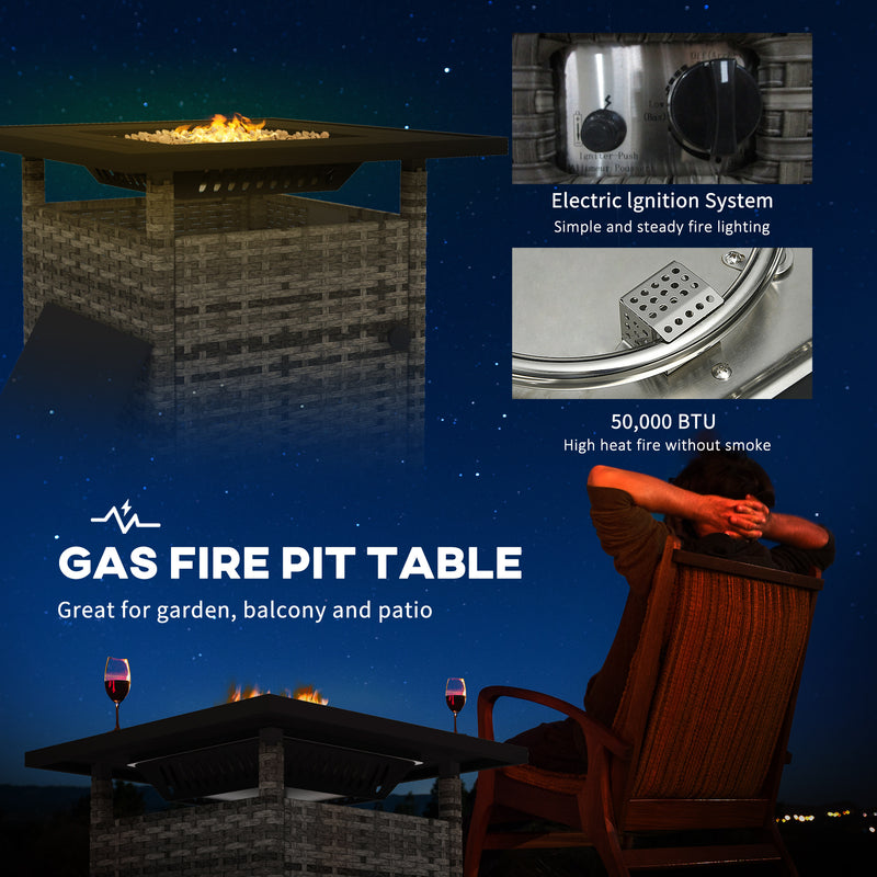 Outsunny 50,000 BTU Rattan Fire Pits For Garden, Propane Fire Pit Table - Grey/Brown