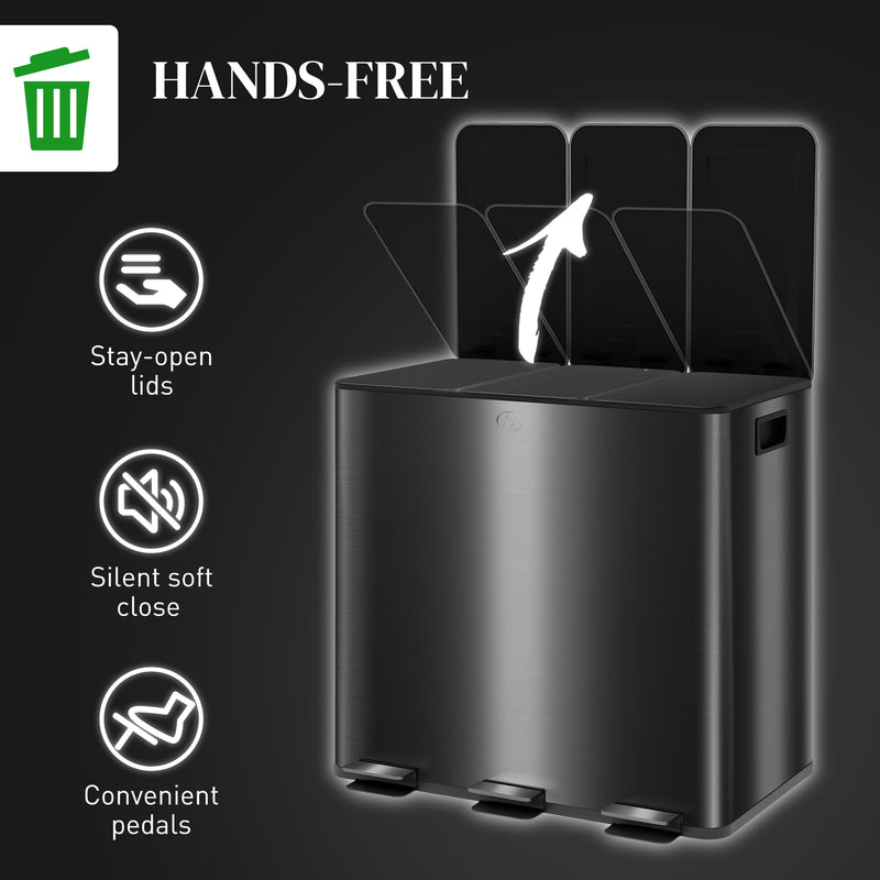 HOMCOM 3 x 15L Triple Kitchen Bin Pedal Bin for Recycling and Waste