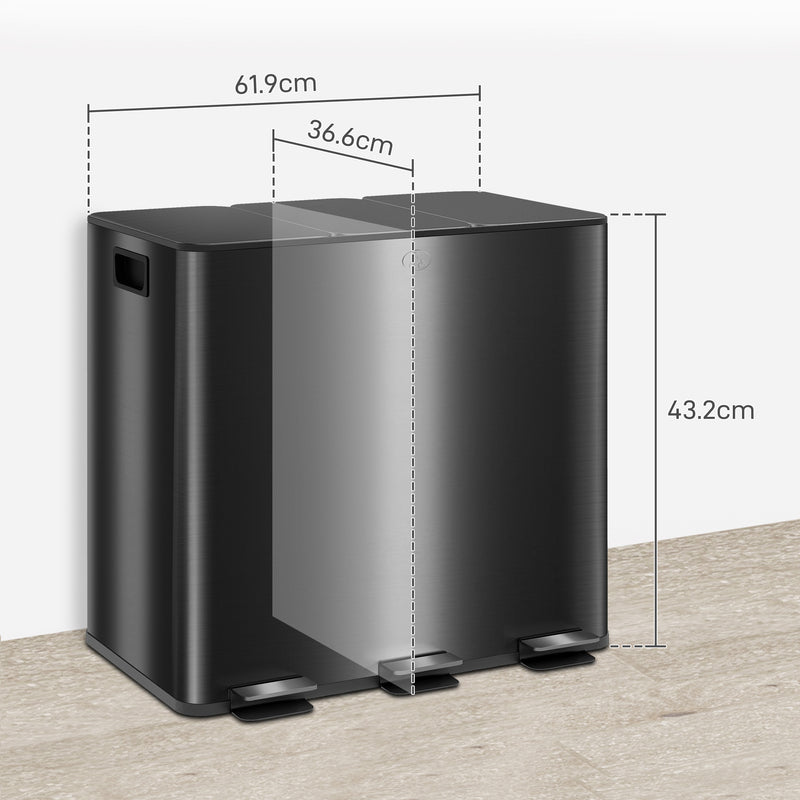 HOMCOM 3 x 15L Triple Kitchen Bin Pedal Bin for Recycling and Waste