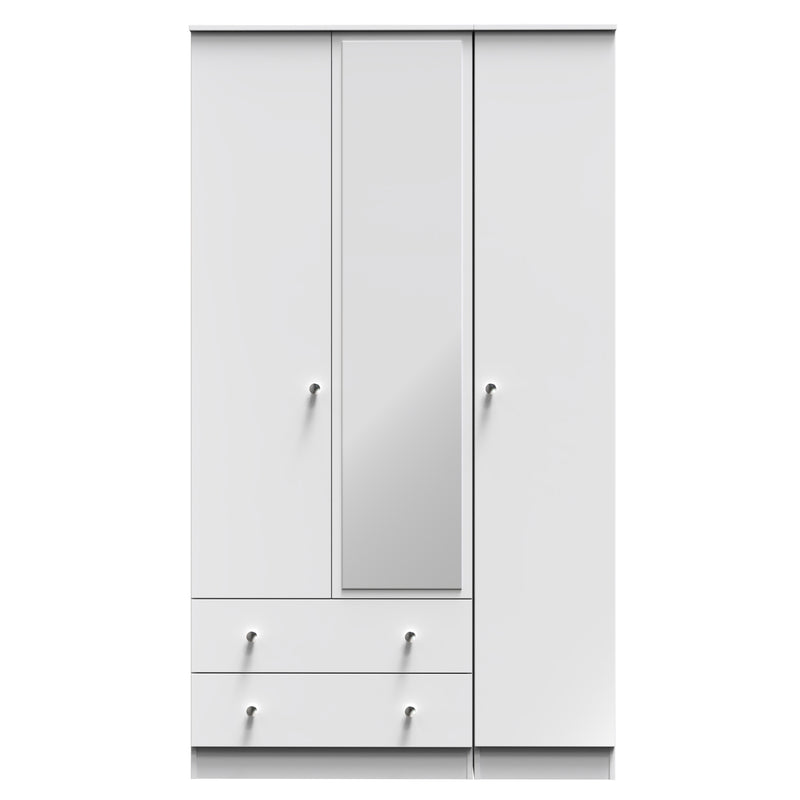 Yarmouth Tall Triple 2 Drawer Mirrored Wardrobe in White & White Matt - Ready Assembled
