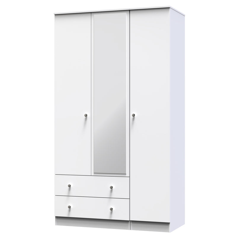 Yarmouth Tall Triple 2 Drawer Mirrored Wardrobe in White & White Matt - Ready Assembled