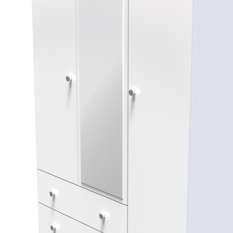 Yarmouth Tall Triple 2 Drawer Mirrored Wardrobe in White & White Matt - Ready Assembled