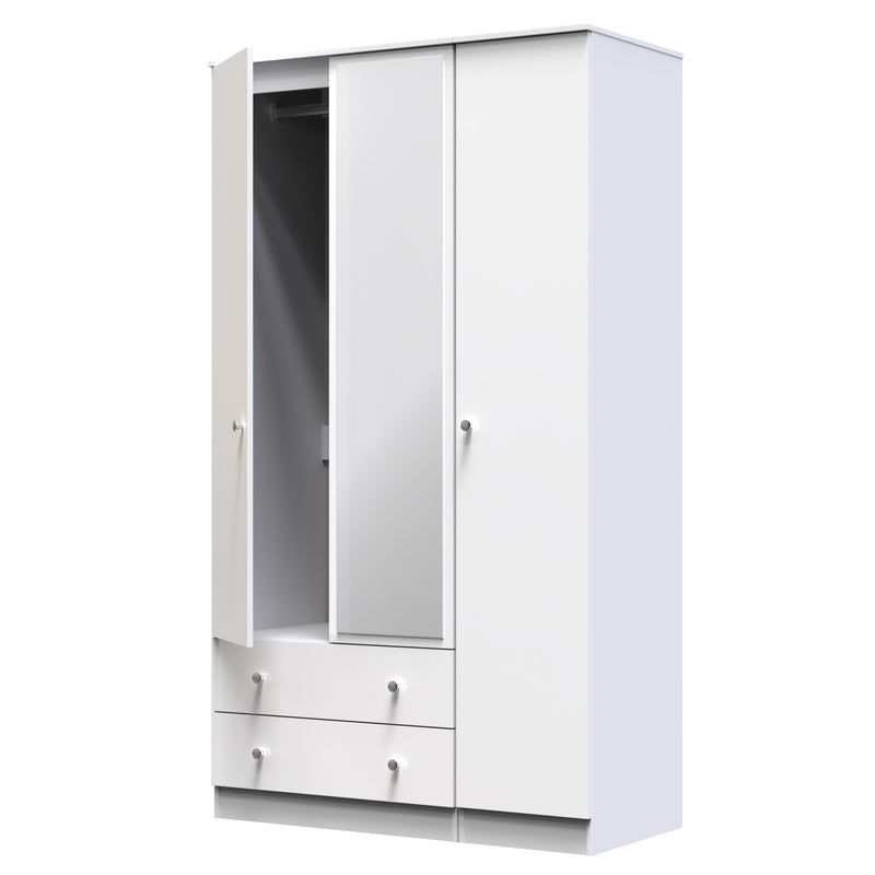 Yarmouth Tall Triple 2 Drawer Mirrored Wardrobe in White & White Matt - Ready Assembled