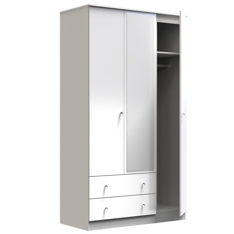 Yarmouth Tall Triple 2 Drawer Mirrored Wardrobe in White & White Matt - Ready Assembled