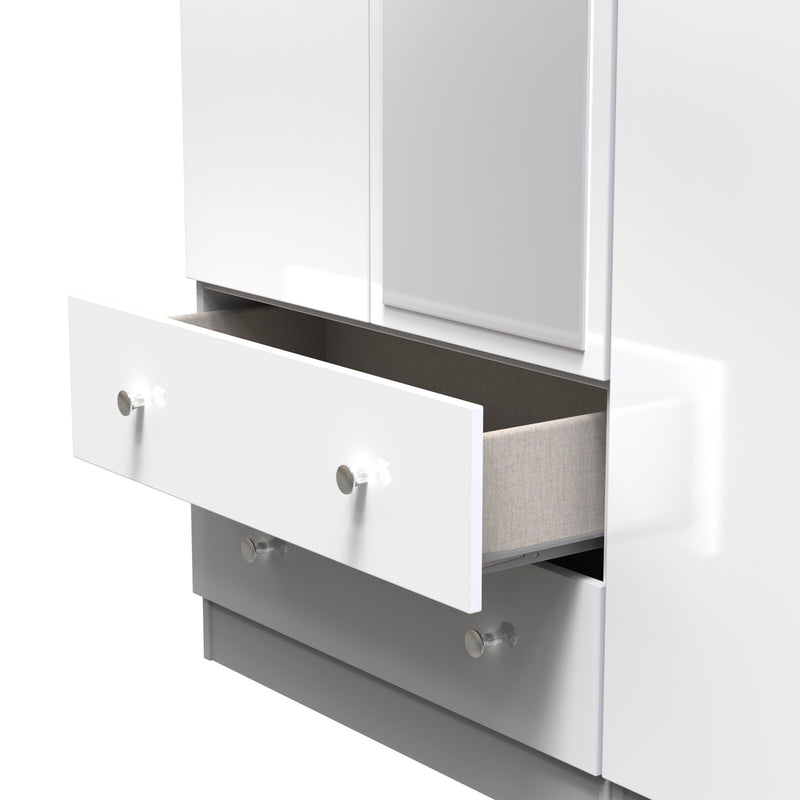 Yarmouth Tall Triple 2 Drawer Mirrored Wardrobe in White & White Matt - Ready Assembled