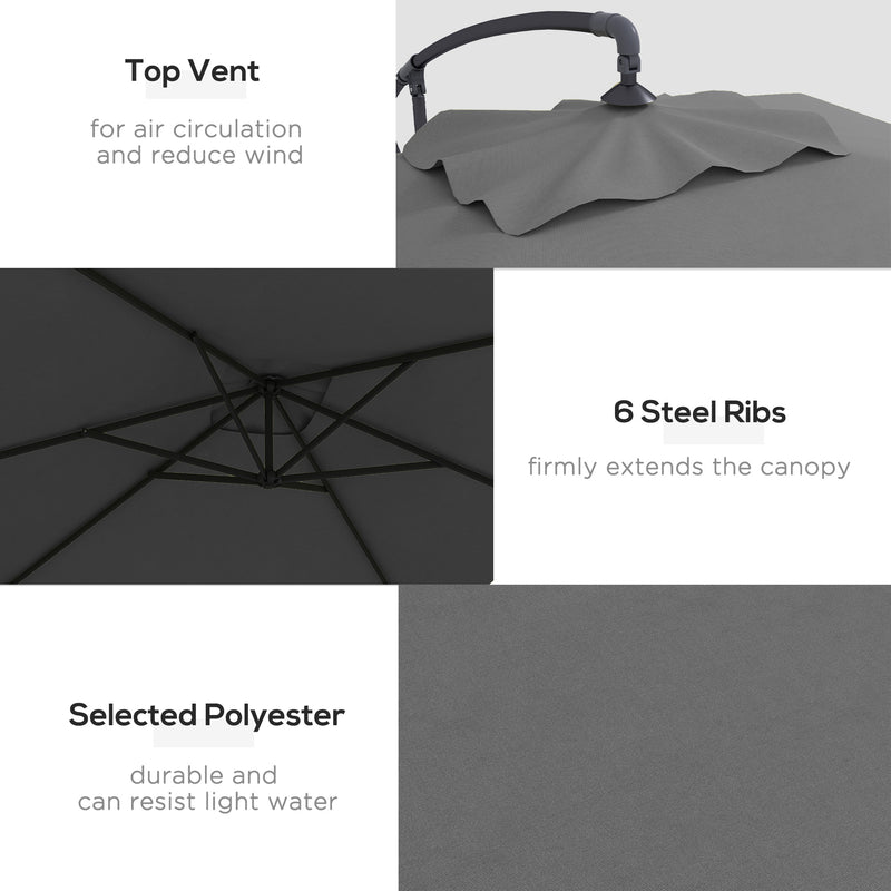 Outsunny 3 m Cantilever Parasol with Cross Base, Crank Handle, 6 Ribs