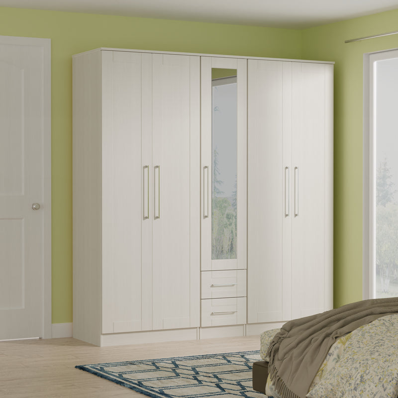Malton Ready Assembled Tall 5 Door 2 Drawer 1 Mirror Wardrobe in Grey Ash