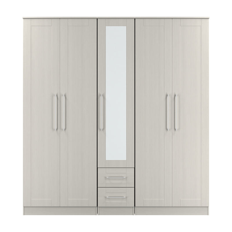 Malton Ready Assembled Tall 5 Door 2 Drawer 1 Mirror Wardrobe in Grey Ash