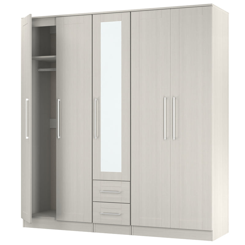 Malton Ready Assembled Tall 5 Door 2 Drawer 1 Mirror Wardrobe in Grey Ash