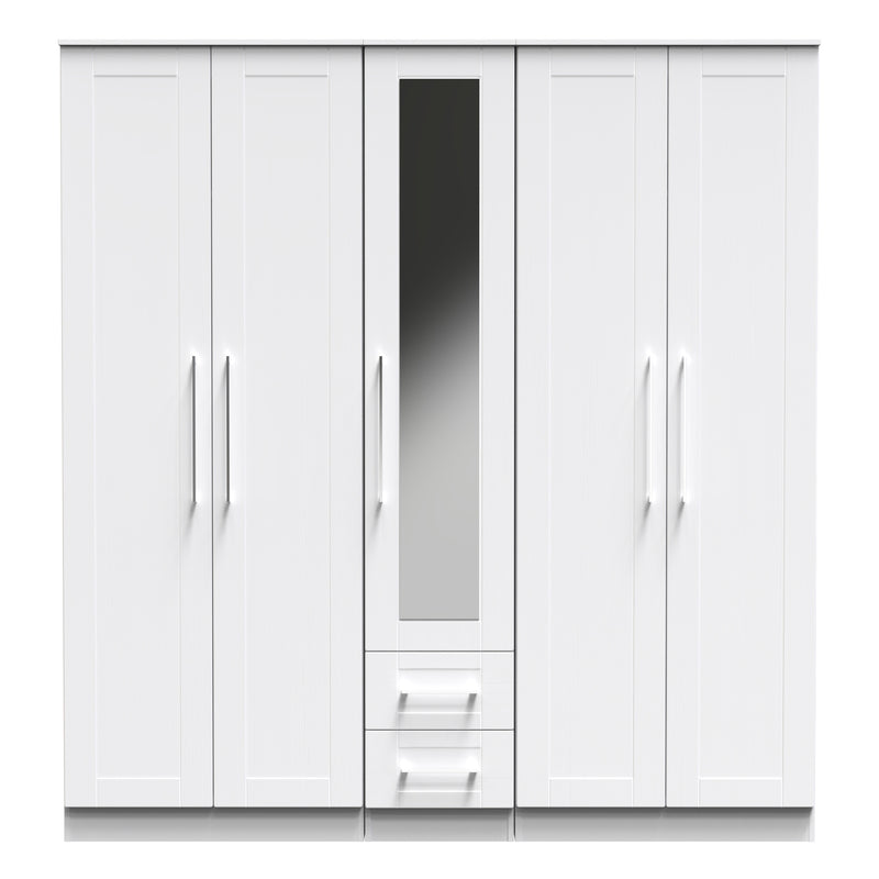 Malton Ready Assembled Tall 5 Door 2 Drawer 1 Mirror Wardrobe in White Ash