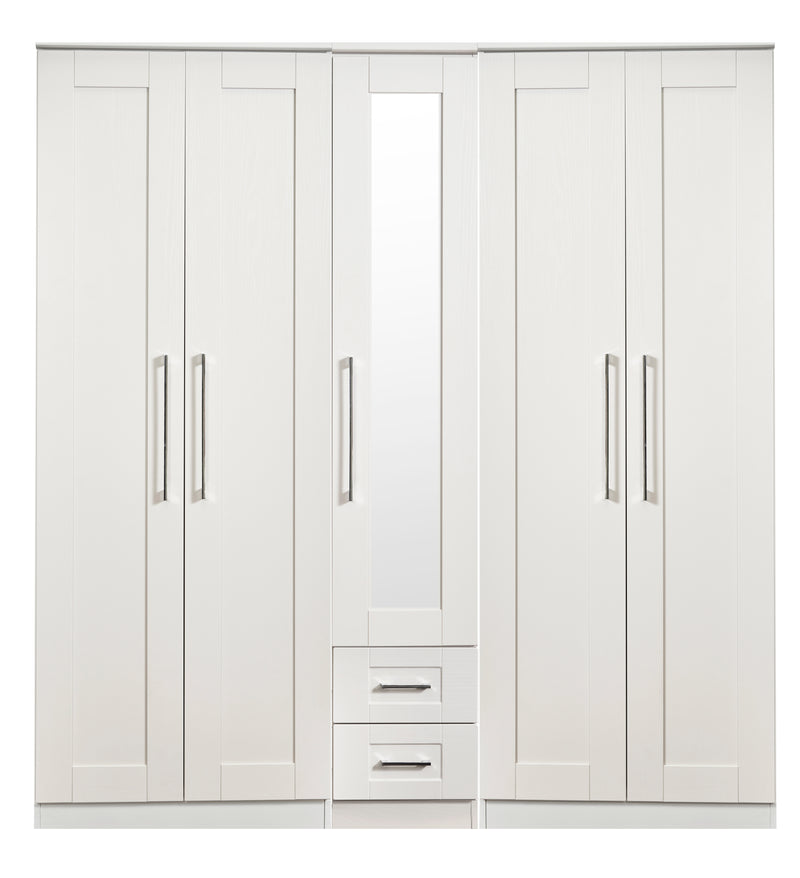 Malton Ready Assembled Tall 5 Door 2 Drawer 1 Mirror Wardrobe in White Ash