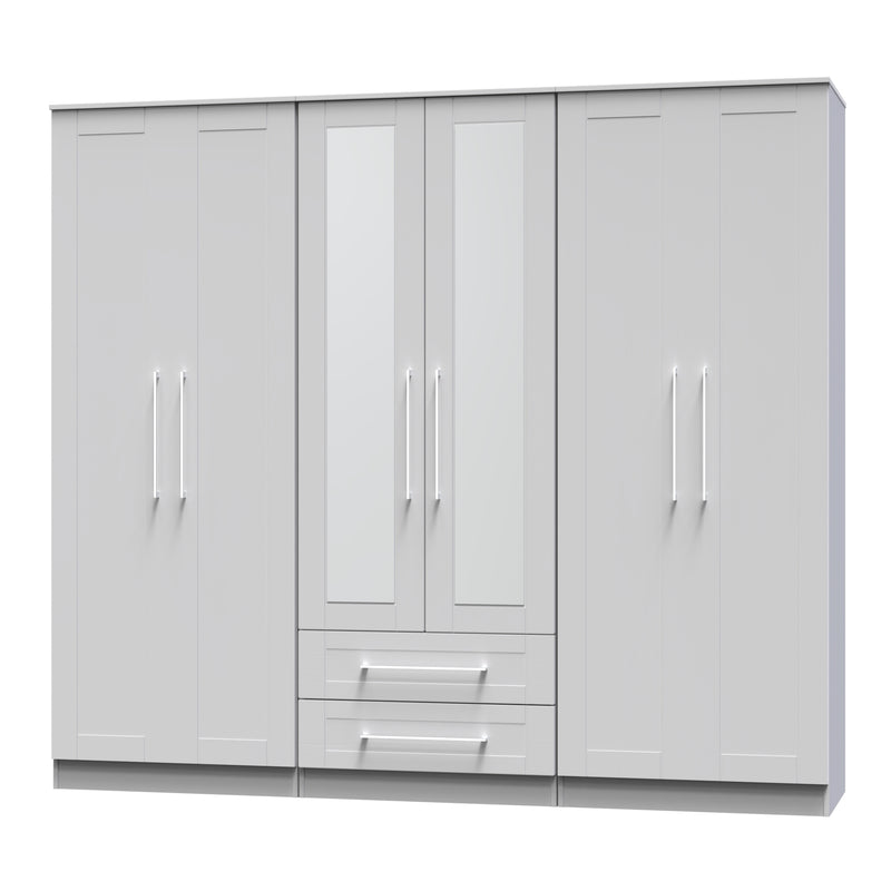 Malton Ready Assembled Tall 6 Door 2 Drawer 2 Mirror Wardrobe in Grey Ash