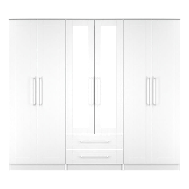 Malton Ready Assembled Tall 6 Door 2 Drawer 2 Mirror Wardrobe In White Ash