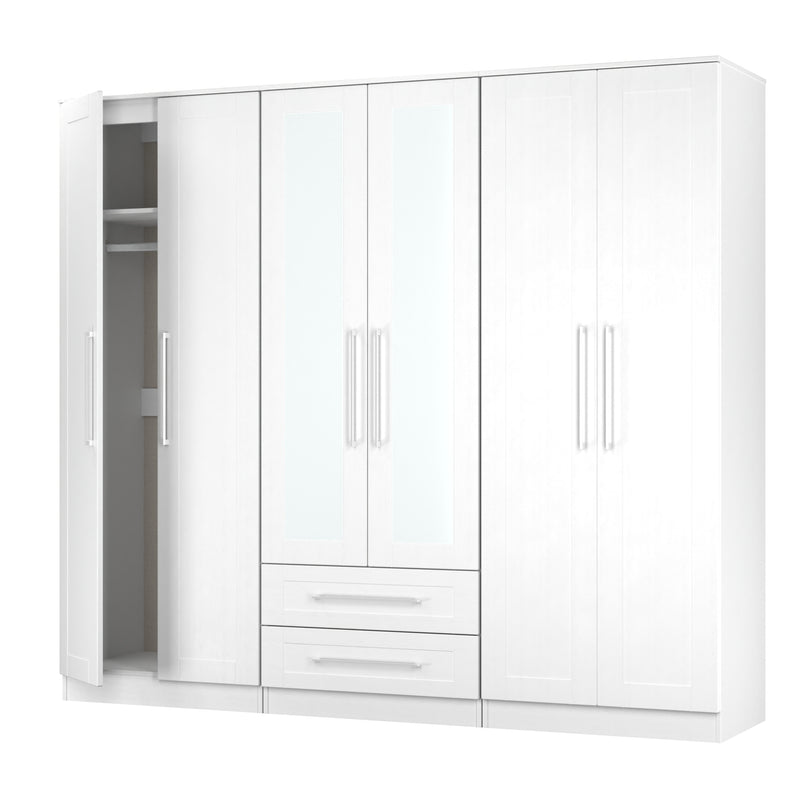 Malton Ready Assembled Tall 6 Door 2 Drawer 2 Mirror Wardrobe In White Ash